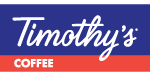 Timothy's Coffee logo featuring a blue background with white cursive text and a red accent.