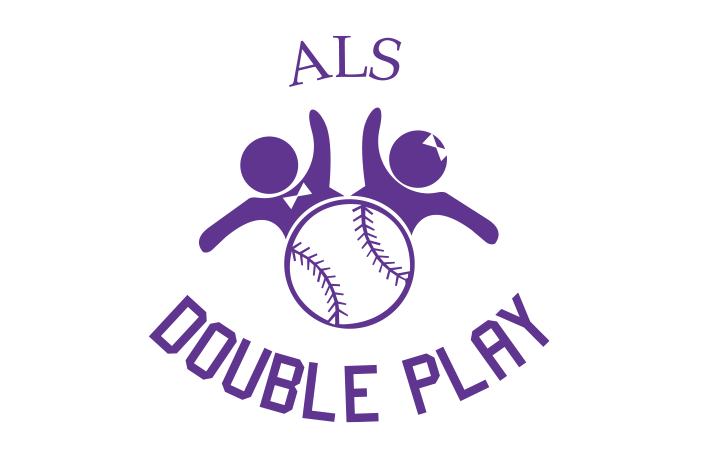 Logo of ALS Double Play featuring two stylized figures celebrating over a baseball, emphasizing community and sportsmanship in support of ALS awareness.