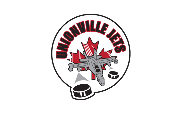 Unionville Jets logo featuring a stylized jet aircraft, hockey pucks, and a red maple leaf, symbolizing Canadian pride and youth hockey.