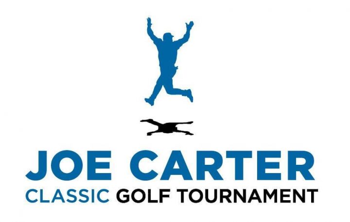 Logo for the Joe Carter Classic Golf Tournament featuring a silhouette of a golfer in mid-jump above a golf ball, emphasizing sports and community engagement.