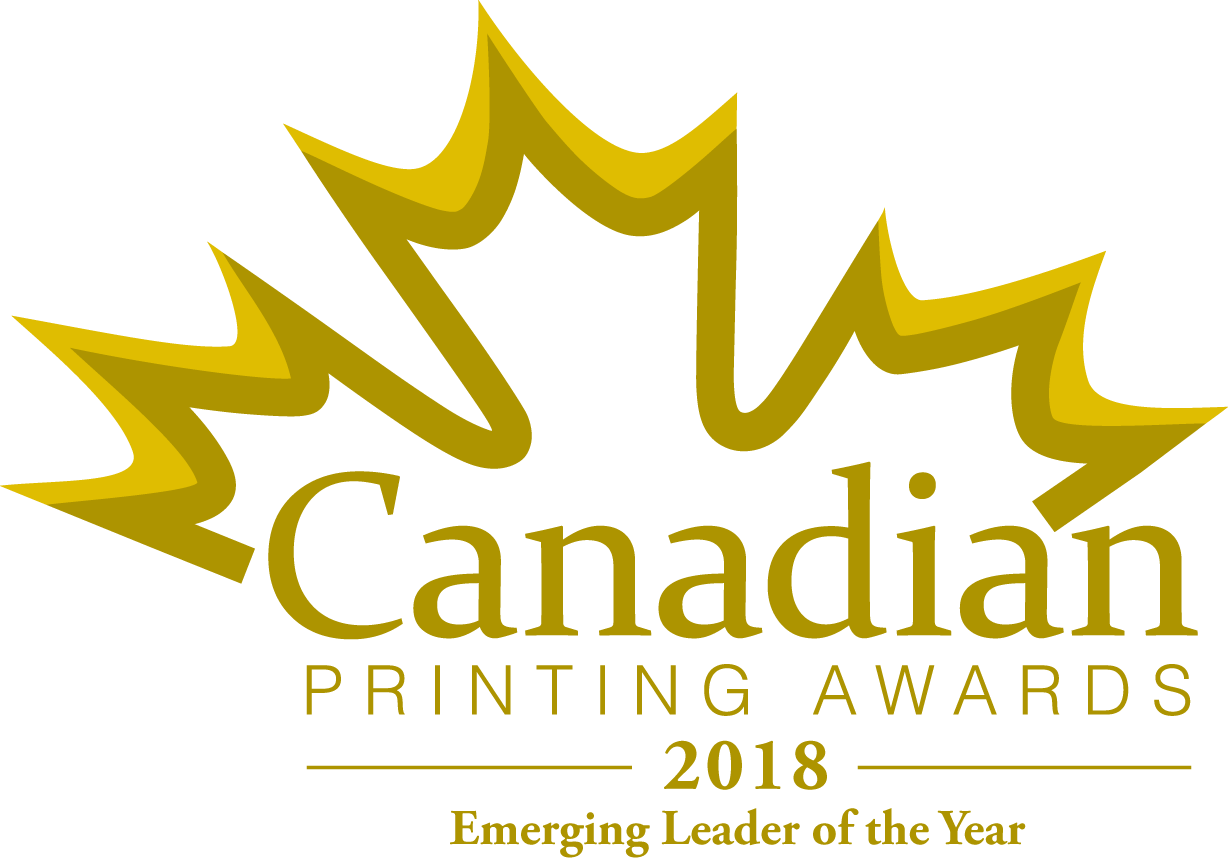 Canadian Printing Awards 2018 logo featuring a stylized maple leaf and the text "Emerging Leader of the Year" highlighting Chris Pereira's recognition in the printing industry.