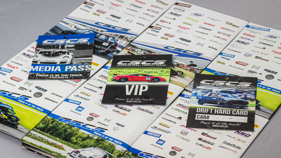 CSCS event access passes including Media Pass, VIP, and Drift Hard Card displayed on promotional material, featuring logos and branding relevant to the Canadian Sport Compact Series.