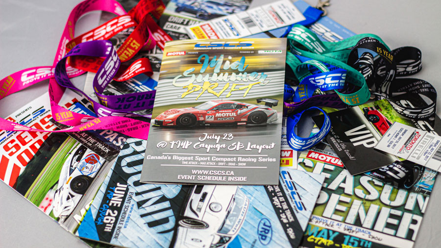 Promotional materials for the Canadian Sport Compact Series (CSCS), including event flyers, tickets, and colorful lanyards, showcasing the "Mid Summer Drift" event at TMP Cayuga.