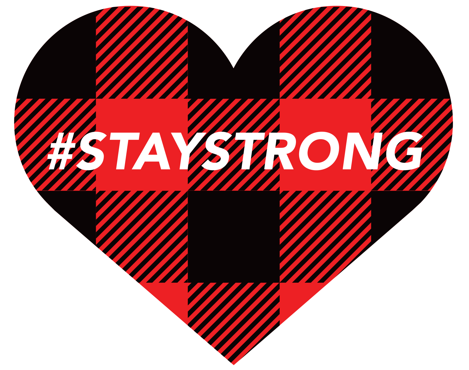 Heart graphic featuring a red and black plaid pattern with the hashtag "#STAYSTRONG," symbolizing community support during the COVID-19 pandemic.