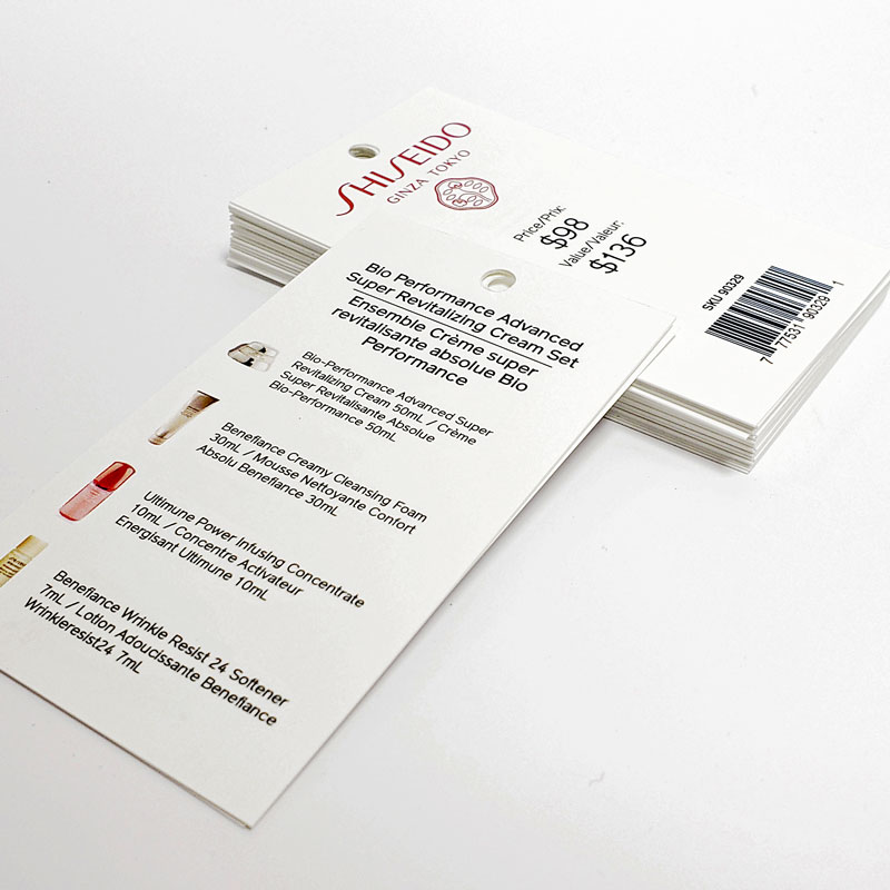 Shiseido product packaging tag displaying Bio Performance Advanced Super Revitalizing Cream Set details, including product names, sizes, and pricing, emphasizing premium cosmetics branding.