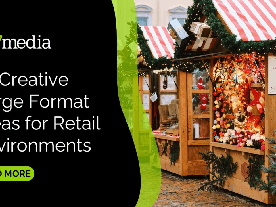 C17media promotional graphic showcasing creative large format ideas for retail environments, featuring festive market stalls adorned with decorations and lights.